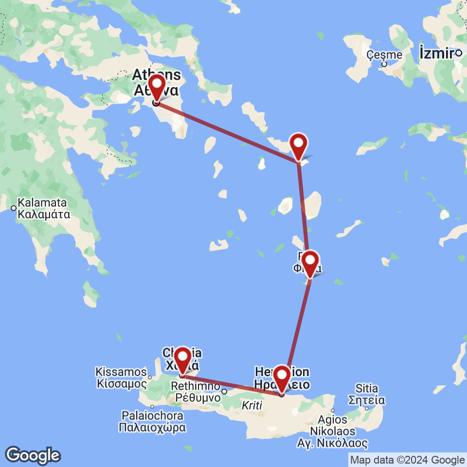 Route for Athens, Mykonos, Santorini, Heraklion, Chania tour